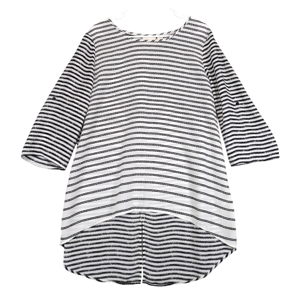 Chico's Black White Striped High Low Tunic Top Sz 2 Womens L/12 Split Back Flowy